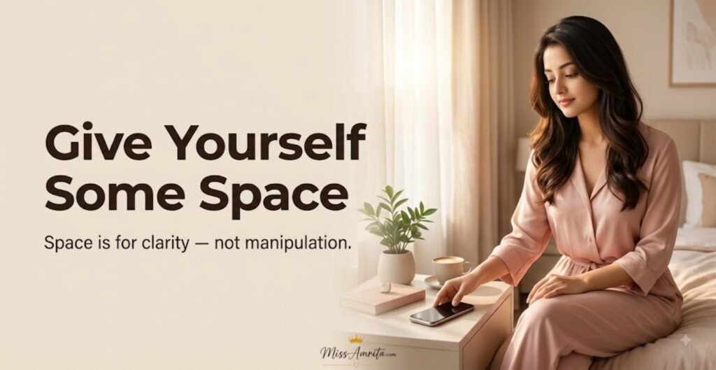 Woman putting her phone away and giving herself space after a breakup