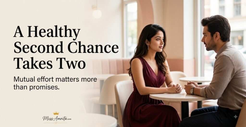 Couple having a calm conversation about a healthy second chance